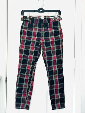 GAP Equestrian Preppy Academia Red Plaid Skinny Riding Pants Buckle Detail Sz 0
